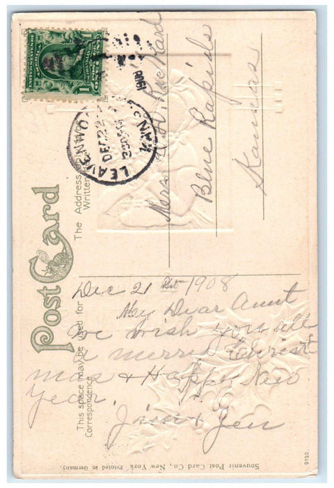 1908 Christmas Greetings Girl Holly Berries Snowfall Embossed Antique Postcard