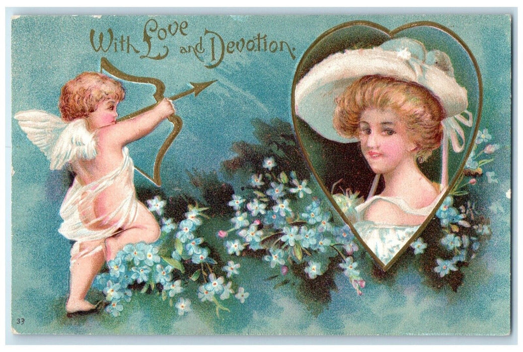 c1905 Valentine Cupid Angel Heart Woman Pansies Flowers Clapsaddle Postcard