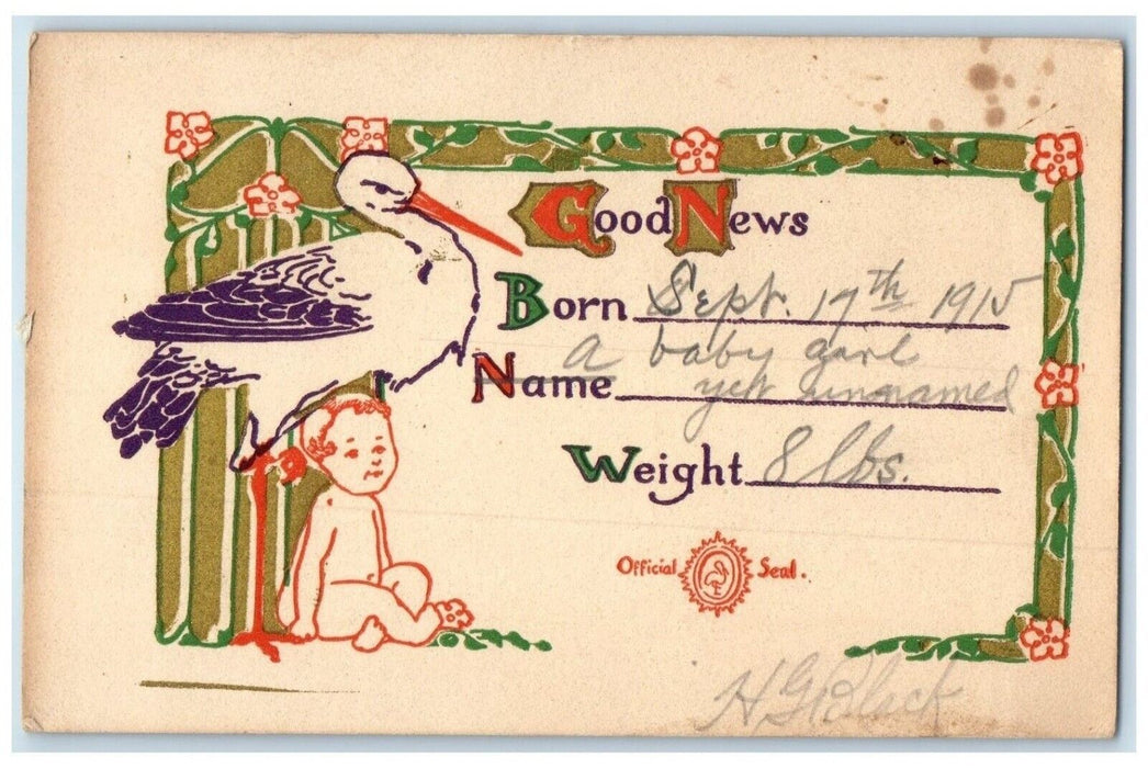 1915 Stork Baby Newborn Stafford Kansas KS Official Seal Posted Antique Postcard