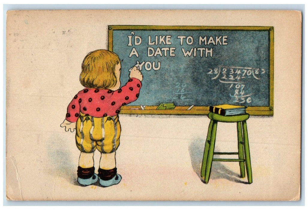 1916 Little Kid Writing Blackboard Stafford Kansas KS Posted Antique Postcard