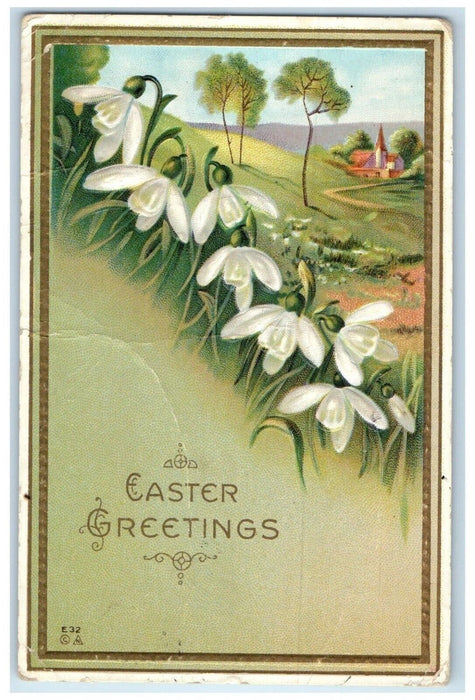 1916 Easter Greetings White Flowers Embossed Steinauer NE Antique Postcard