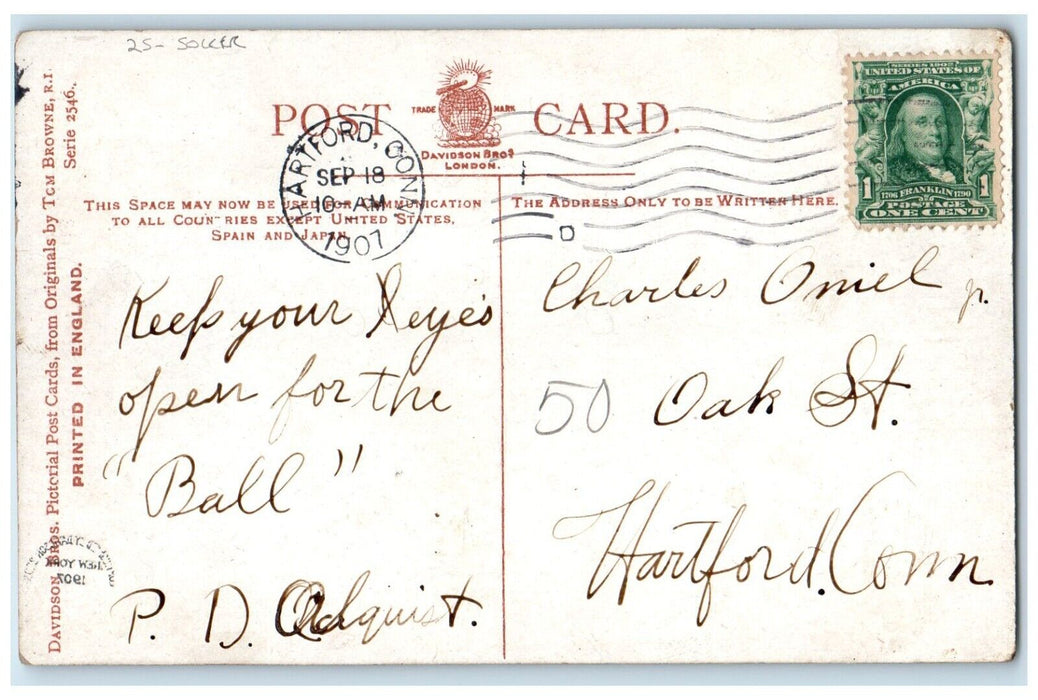 1907 Soccer Goal Man Hit Ball Hartford Connecticut CT Posted Antique Postcard