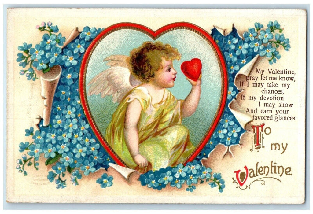 Valentine Heart Angel Pansies Flowers Embossed Clapsaddle Antique Postcard