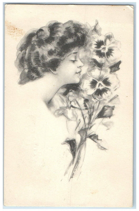 1913 Pretty Girl Smelling Flowers Franklin Nebraska NE Posted Antique Postcard
