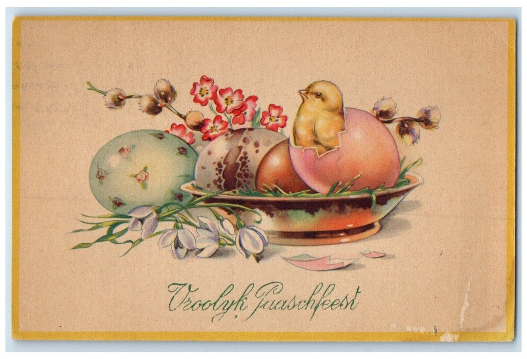 1945 Easter Hatched Egg Chick Flowers Pipe Berry Army Mail APO Vintage Postcard