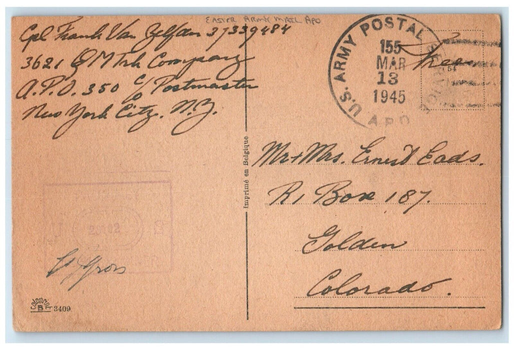 1945 Easter Hatched Egg Chick Flowers Pipe Berry Army Mail APO Vintage Postcard