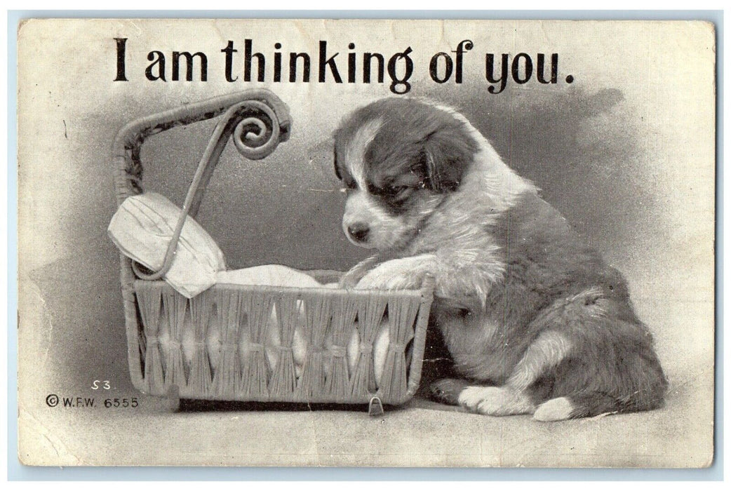 1910 Puppy Dog Baby Bassinet I Am Thinking Of You Dallas SD Antique Postcard