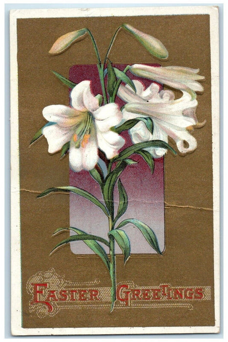 c1910's Easter Greetings Lilies Flowers Embossed Ramah Colorado CO Postcard