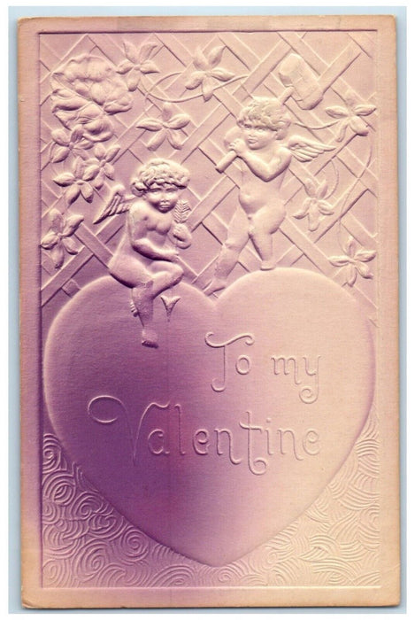 1913 Valentine Big Heart Cupid Angels Flowers Airbrushed Embossed Postcard