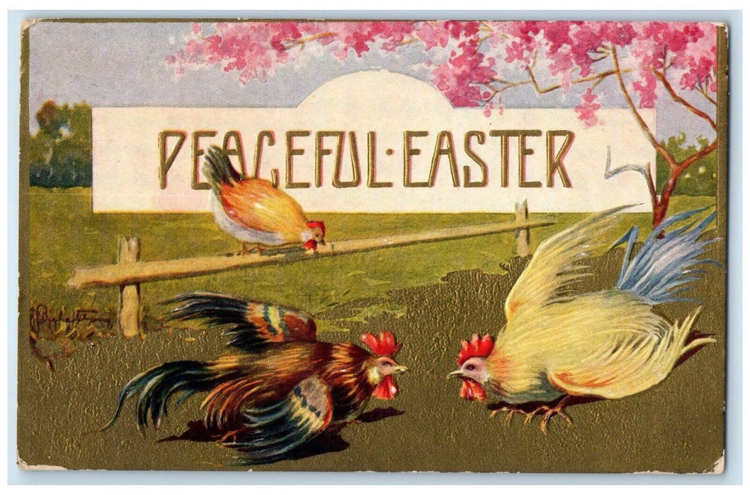 1911 Easter Rooster Chicken Fighting Blossom Tree Embossed Lenora KS Postcard