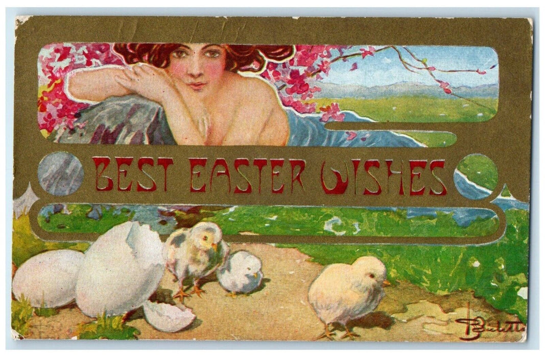 1910 Easter Pretty Girl Hatched Egg Chicks Clayton Kansas KS Antique Postcard