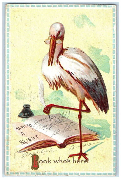 1913 Stork Writing Glasses Embossed Hartford California CA Antique Postcard