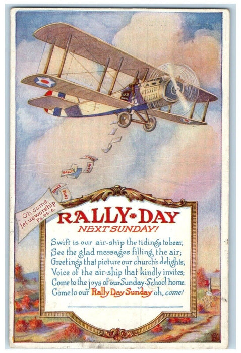 1919 Rally Day Next Sunday Airplane Manchester Connecticut CT Antique Postcard