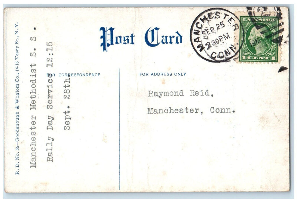1919 Rally Day Next Sunday Airplane Manchester Connecticut CT Antique Postcard