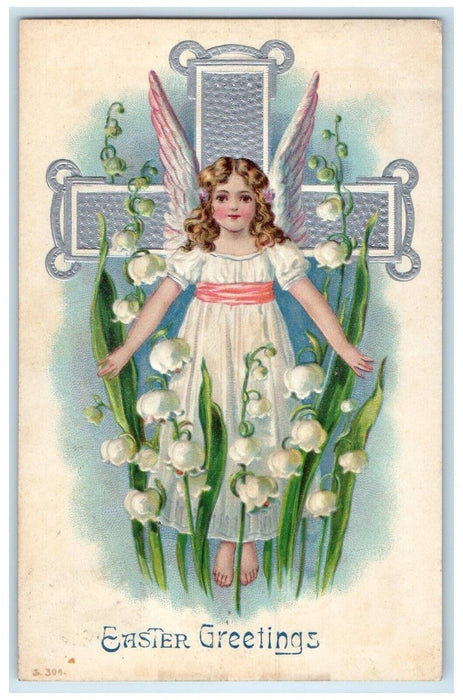 Easter Greetings Holy Cross Angel White Flowers Embossed Kansas City MO Postcard