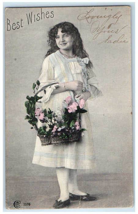 1908 Best Wishes Pretty Woman Flowers In Basket Kansas City Missouri MO Postcard