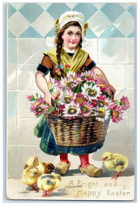 c1905 Easter Dutch Girl Holding Basket Of Daisy Flowers Chicks Tuck's Postcard