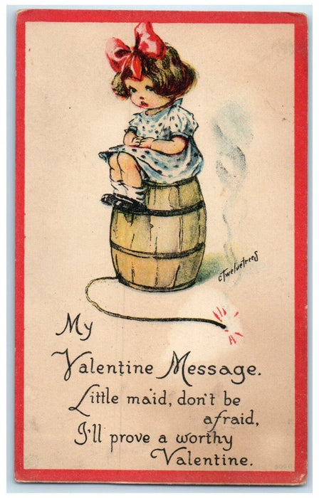 c1910's Valentine Little Maid Sat On Barel Twelvetrees Posted Antique Postcard