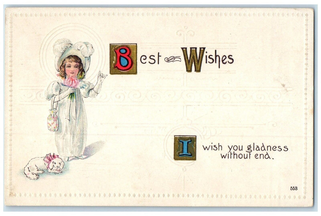 c1910's Best Wishes Little Girl Flower Puppy Dog Embossed Antique Postcard