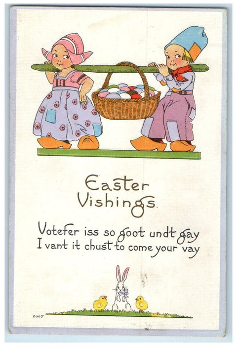 Easter Vishings Dutch Kids Carrying Basket Of Eggs Embossed Nassau NY Postcard