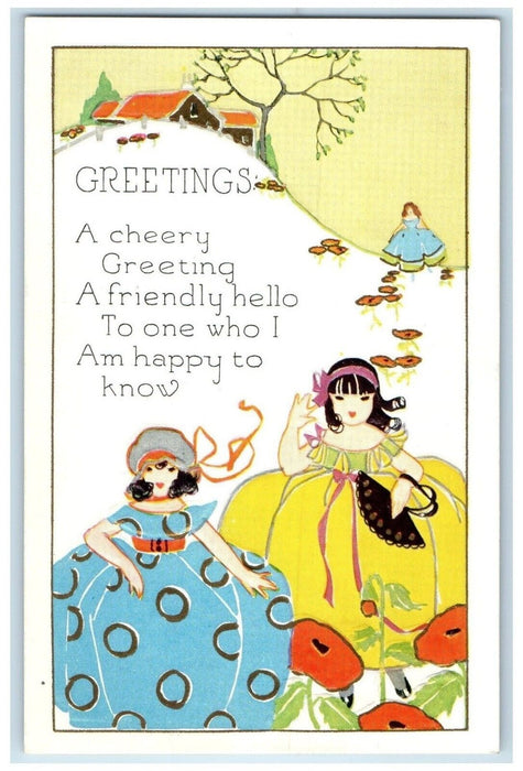 c1910's Greetings Girls Gown Fan Flowers Houses Embossed Antique Postcard