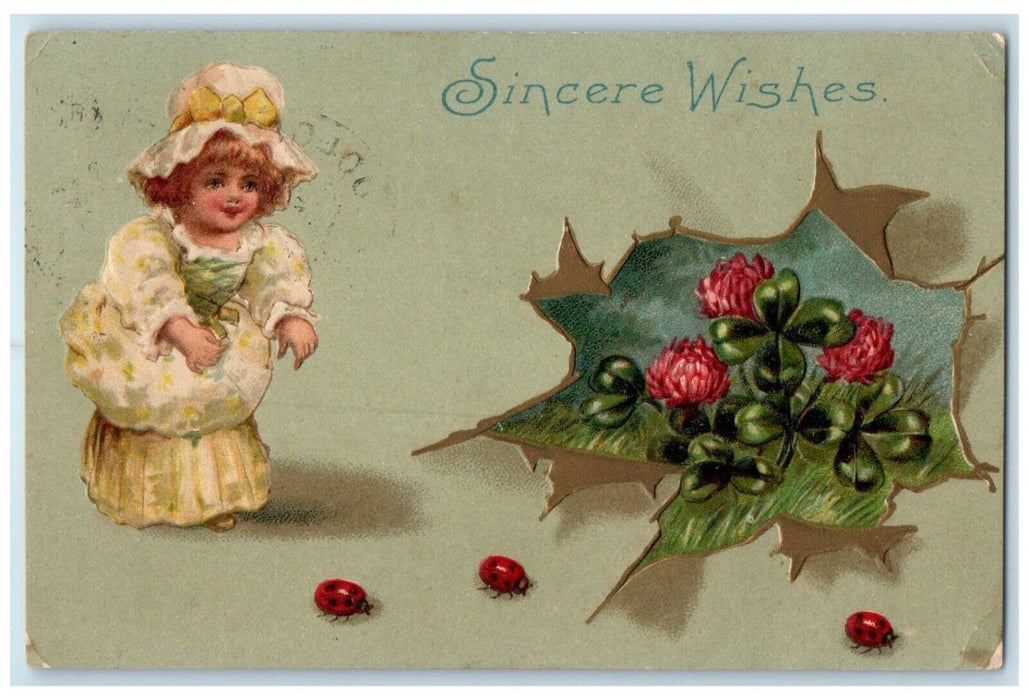 1908 Sincere Wishes Little Girl Shamrock Flowers Ladybug Dolgeville NY Postcard