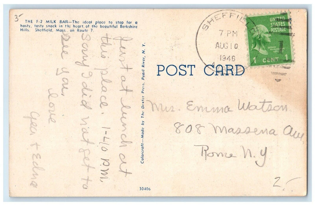 1946 The F2 Milk Bar Sheffield Massachusetts MA Posted Vintage Postcard