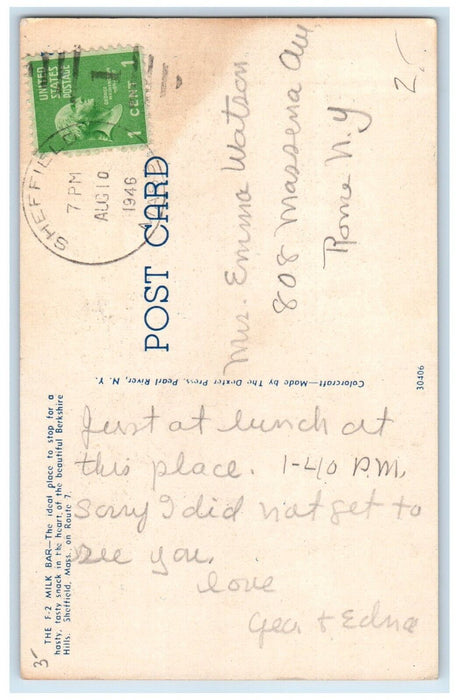 1946 The F2 Milk Bar Sheffield Massachusetts MA Posted Vintage Postcard