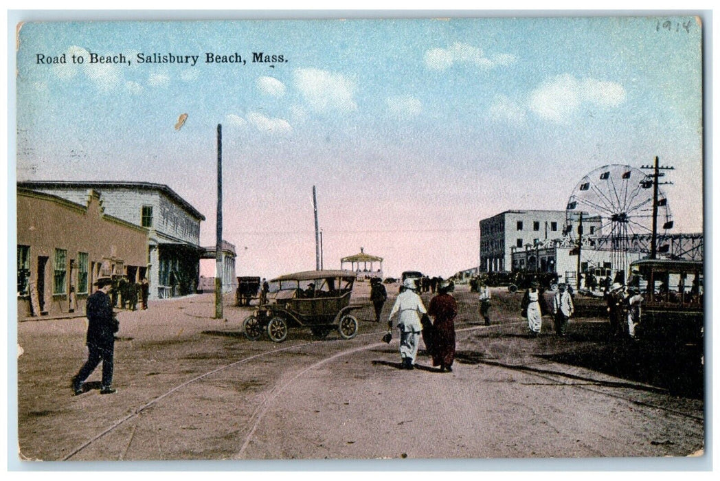 1914 Road To Beach Ferris Wheel Cars Salisbury Beach Massachusetts MA Postcard