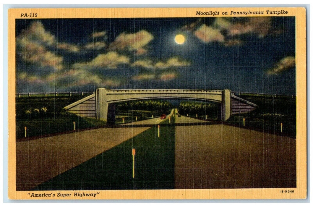 1940 America Super Highway Moonlight Pennsylvania Turnpike Pennsylvania Postcard