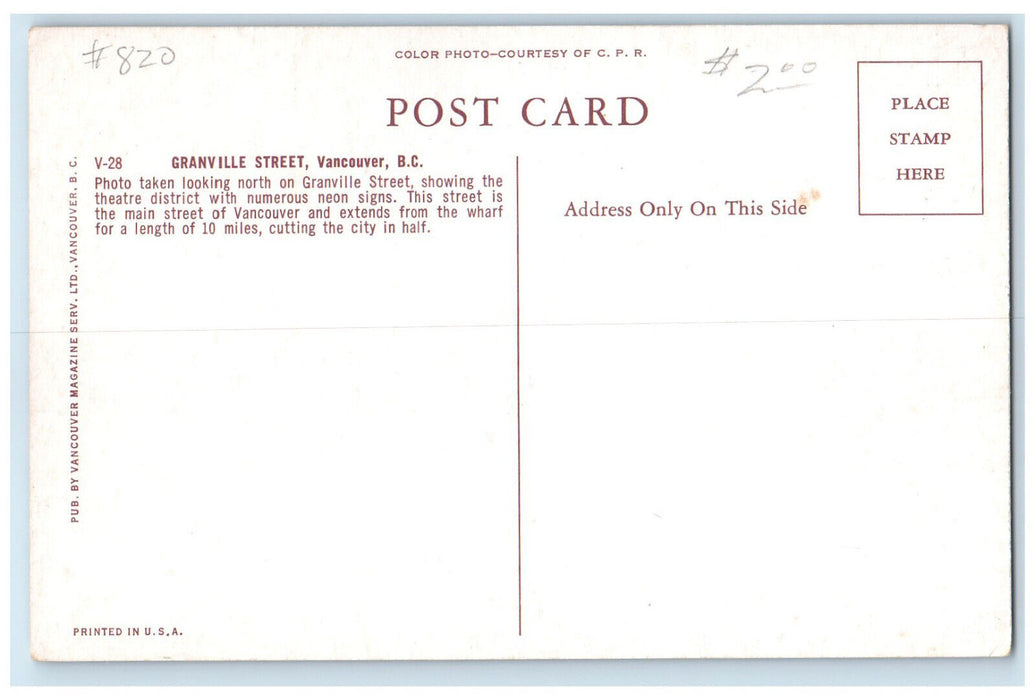 c1950's Theatre District Orpheum Granville Street Vancouver BC Canada Postcard