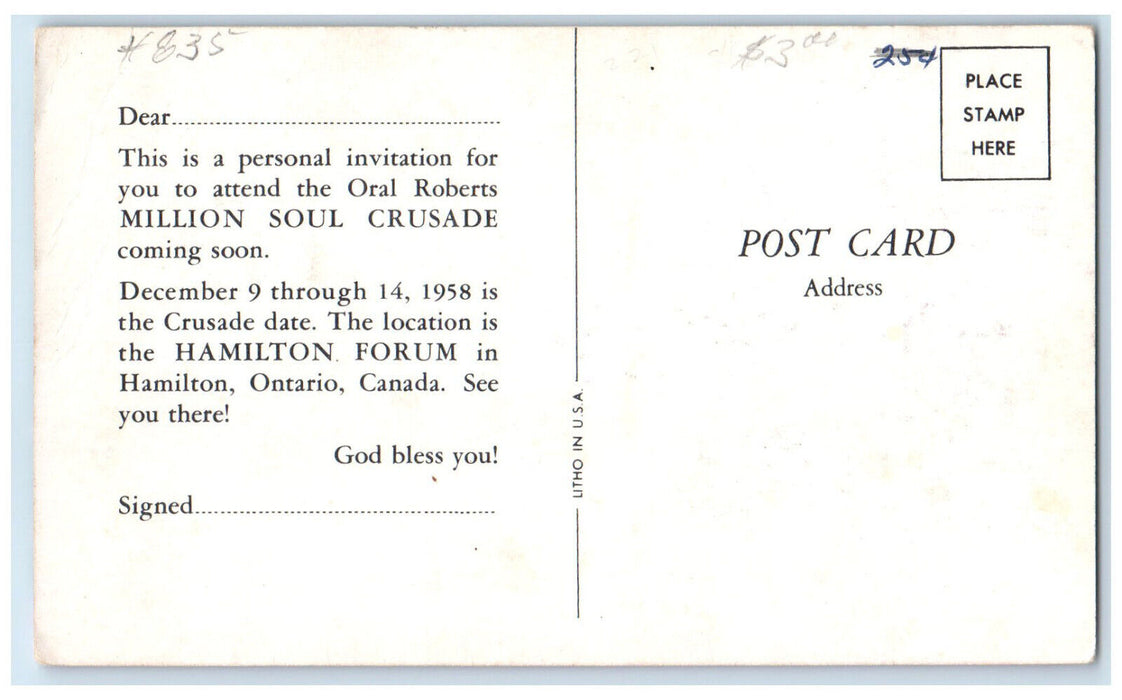 1958 Oral Roberts Million Soul Crusade Hamilton Ontario Canada Postcard