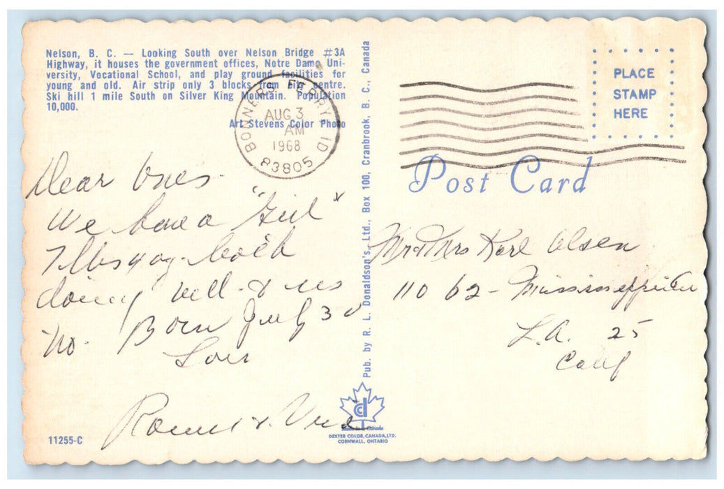 1968 Aerial View Nelson Bridge Nelson British Columbia Canada Postcard
