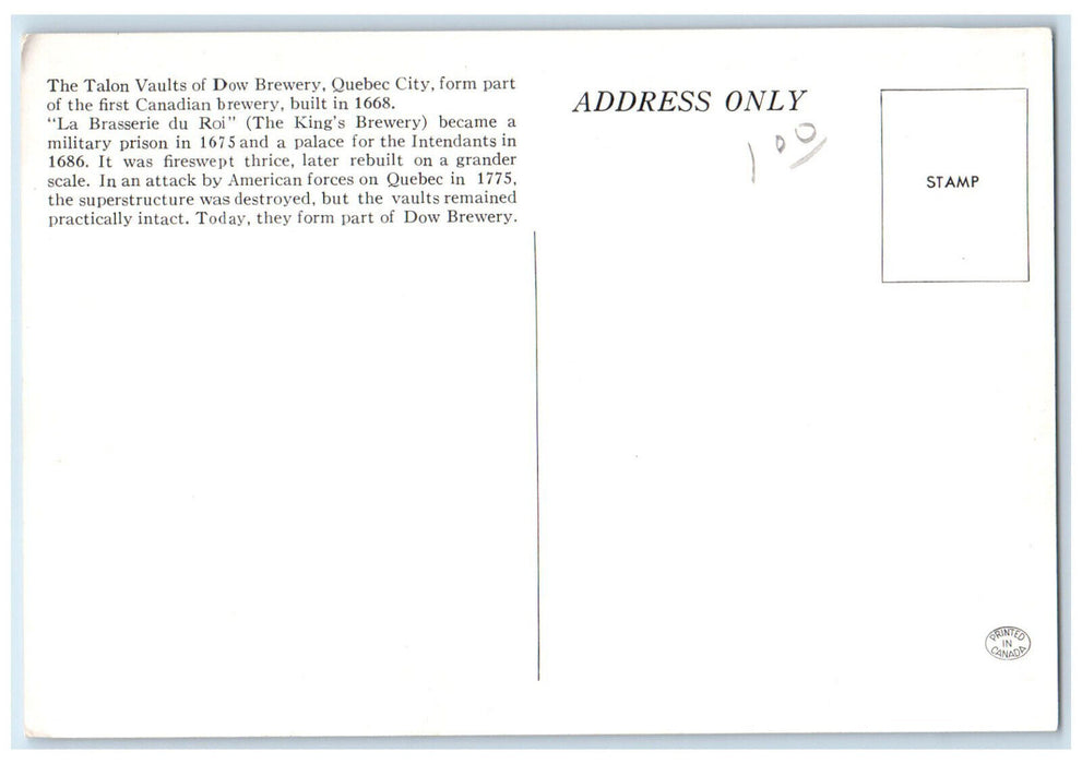c1950's The Talon Vaults of Dow Brewery Quebec City Canada Vintage Postcard