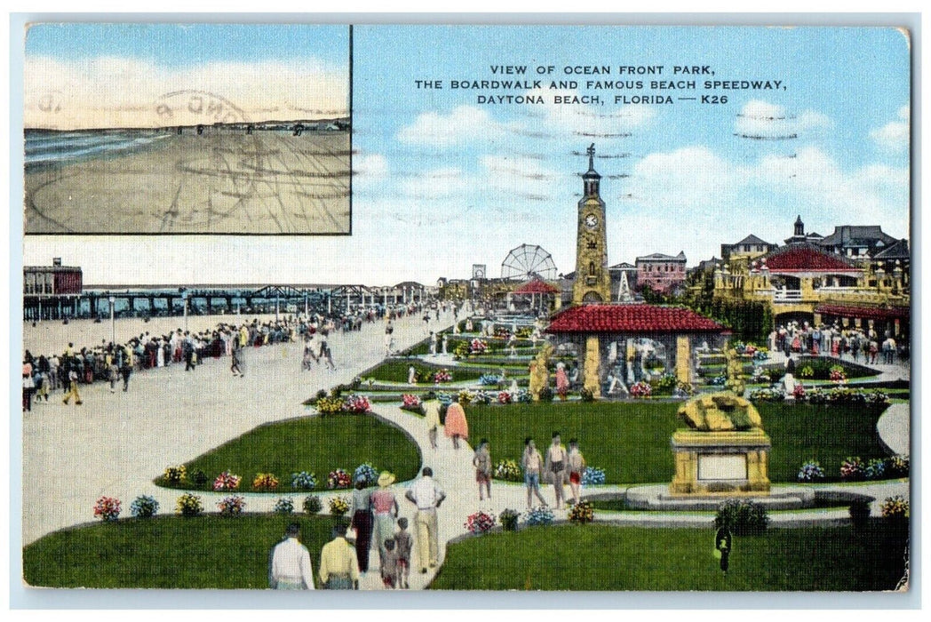 1953 View Ocean Front Park Boardwalk Amusement Beach Daytona Florida FL Postcard