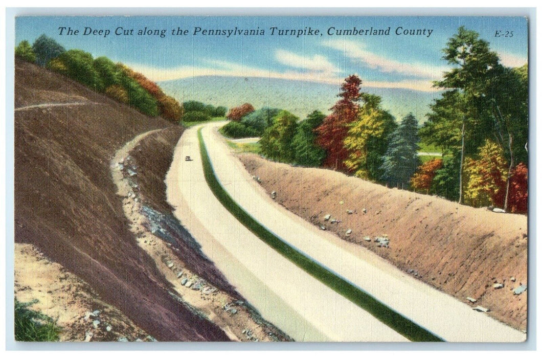 1953 Deep Cut Along Pennsylvania Turnpike Cumberland County Traffic PA Postcard