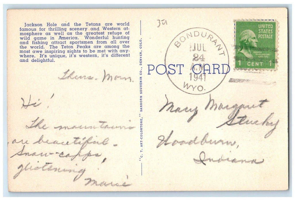 1941 Howdy Jackson Hole Last Of The Old West Bondurant Wyoming Vintage Postcard