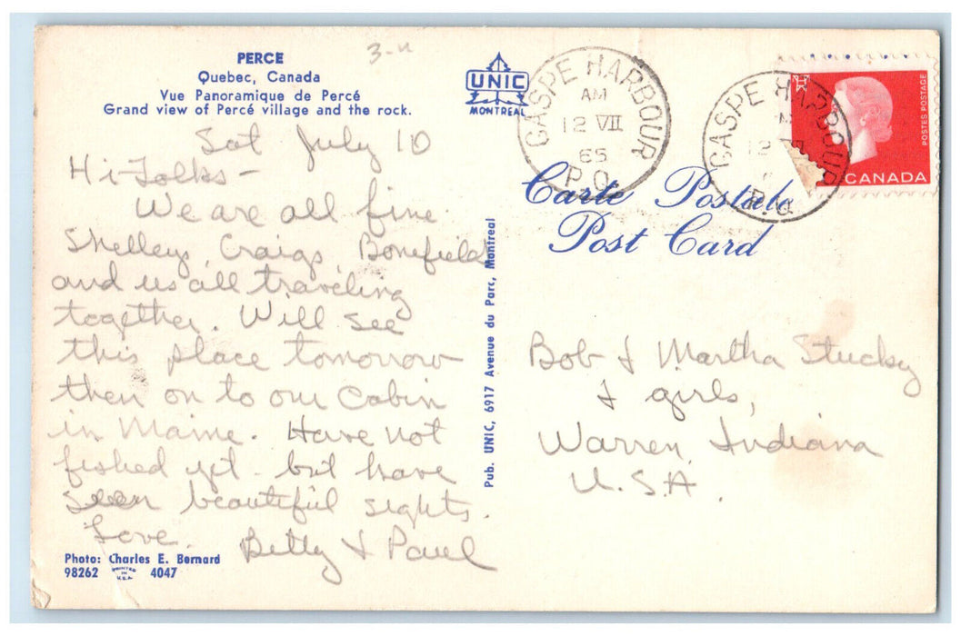 1965 Grand View of Perce Village and the Rock Quebec Canada Postcard