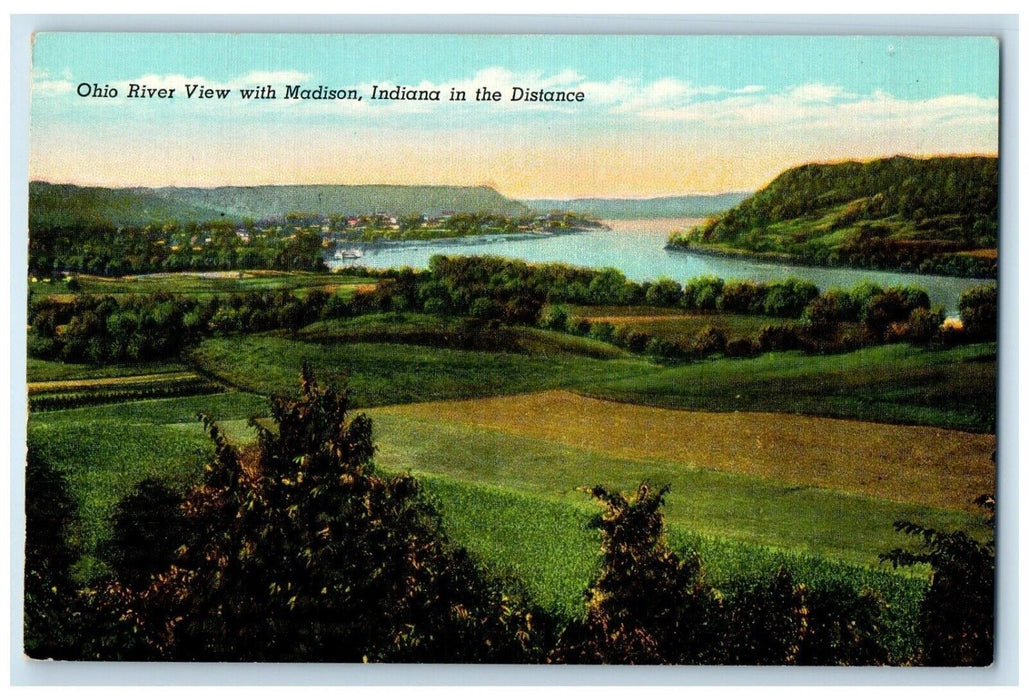 1951 Aerial View Ohio River View Madison Indiana Distance IN Vintage Postcard