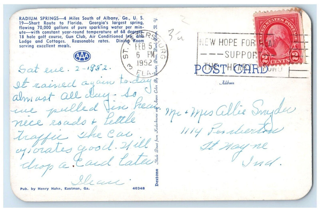 1952 Scenic View Radium Springs Albany Georgia GA St Petersburg Florida Postcard