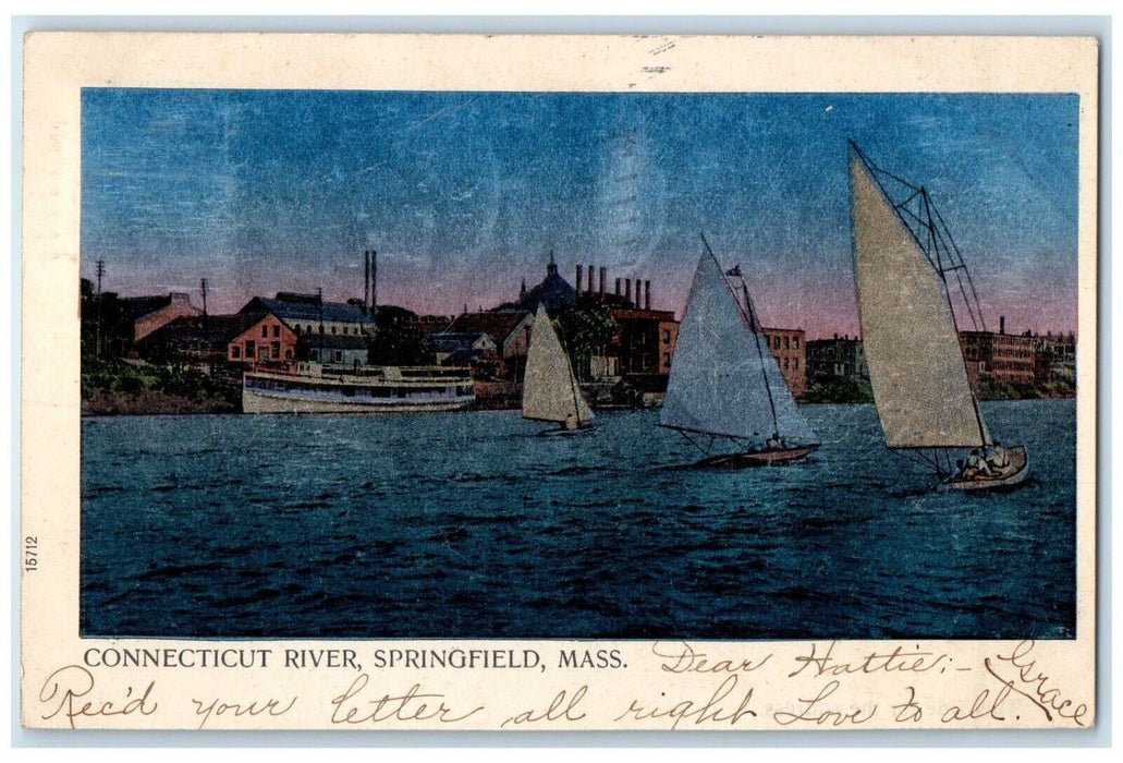 1907 Connecticut River Sailboat Boat Springfield Massachusetts Vintage Postcard