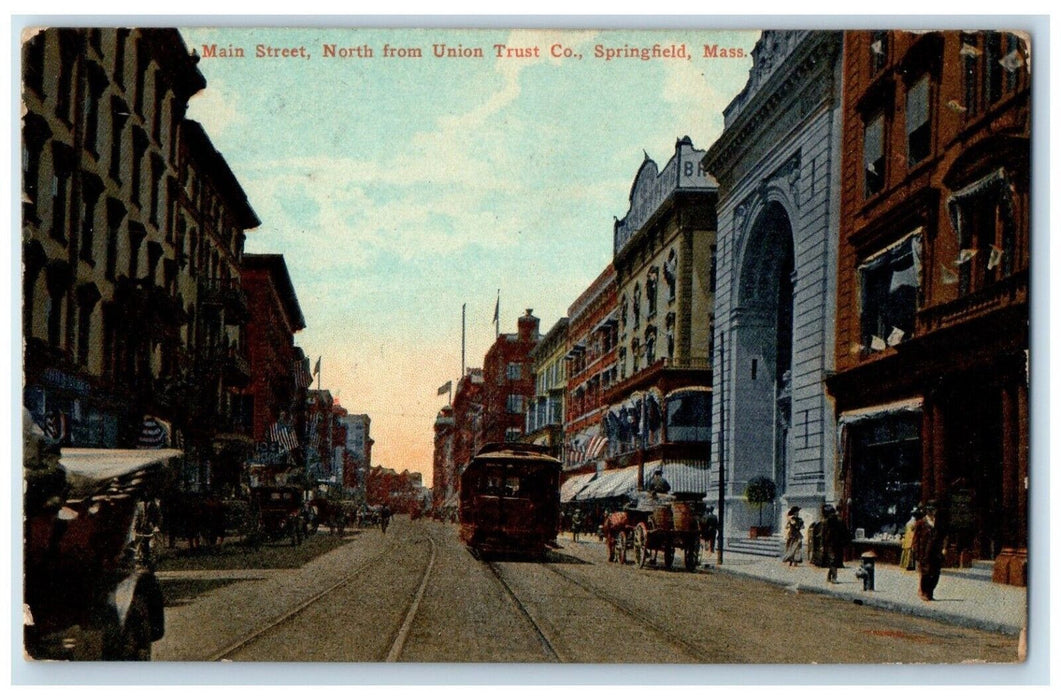 1910 Main Street North Union Trust Co Trolley Springfield Massachusetts Postcard