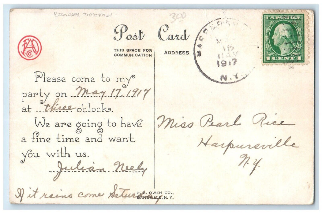 1917 Little Boy Playing Rocking Horse Birthday Invitation Antique Postcard