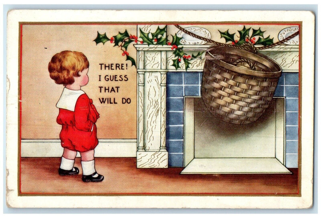 1915 Christmas Little Boy Hanging Basket Holly Berries Springfield MA Postcard