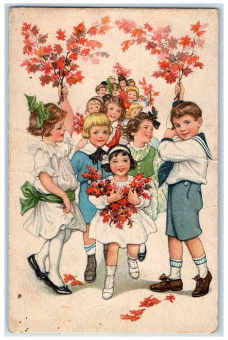 1919 Rally Day Children Holding Ivy Leaf Northville New York NY Antique Postcard