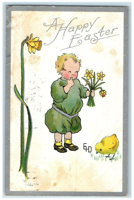 1910 Easter Boy With Flowers Chick Johnstown New York NY Posted Antique Postcard