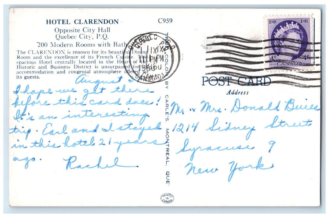1960 Hotel Clarendon Opposite City Hall Quebec City Canada Vintage Postcard