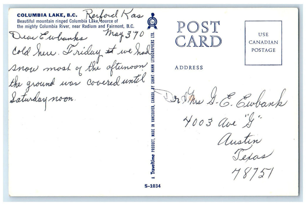 1970 Beautiful Mountain Columbia Lake British Columbia Canada Postcard
