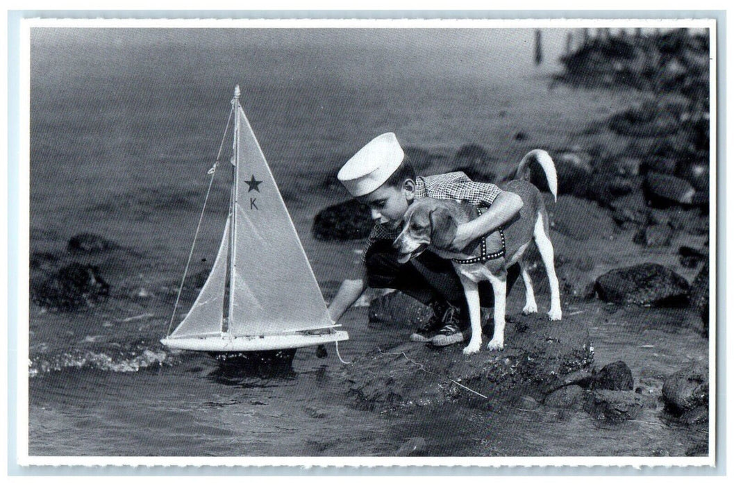 c1930's Little Boy And Dog At The Beach Boat Toy Unposted Vintage Postcard
