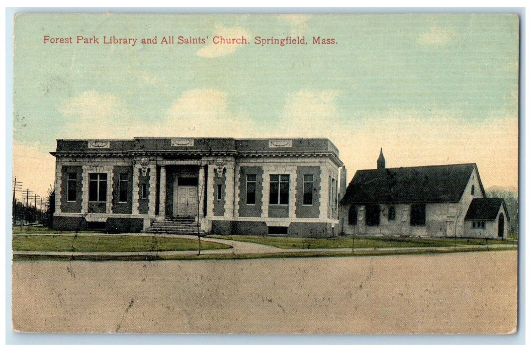 1914 Forest Park Library All Saints Church Springfield Massachusetts MA Postcard